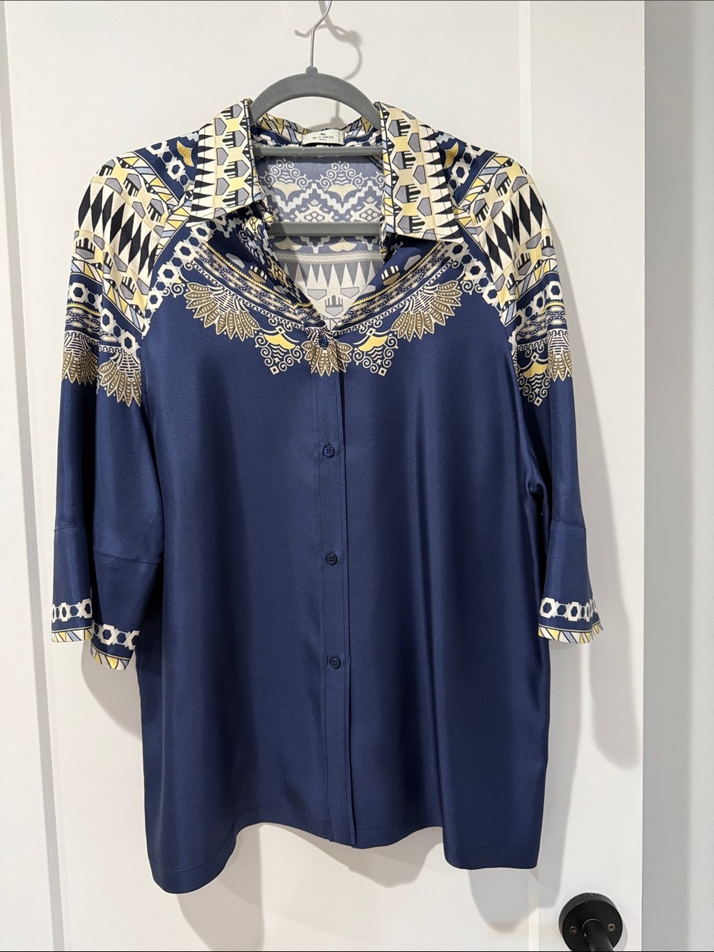 Etro Navy Blue and Cream Printed Silk Button-Down Blouse